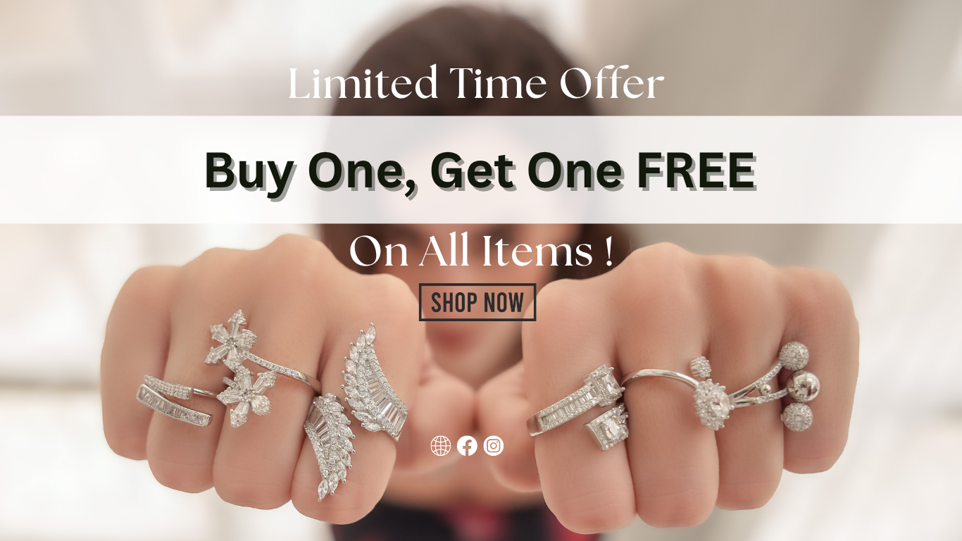 Hand wearing multiple silver rings with promotional text overlay on a blurred background