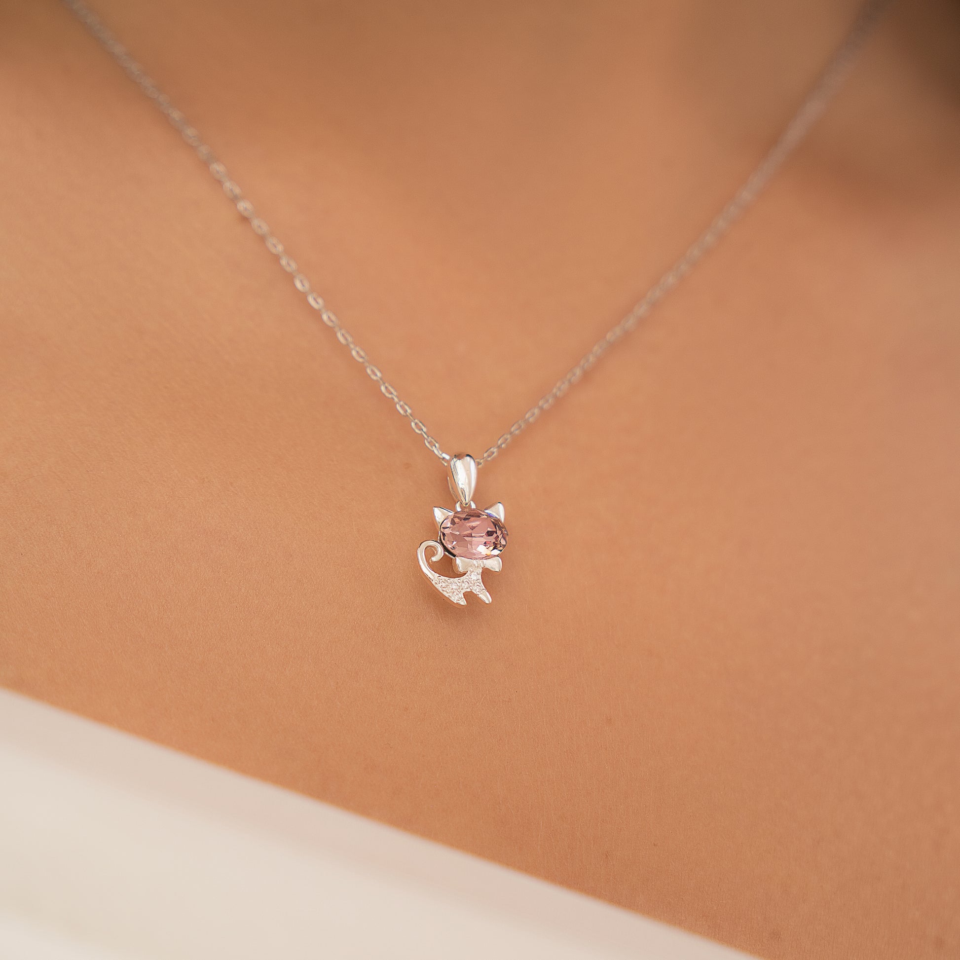 Rosy Kitty Silver Necklace