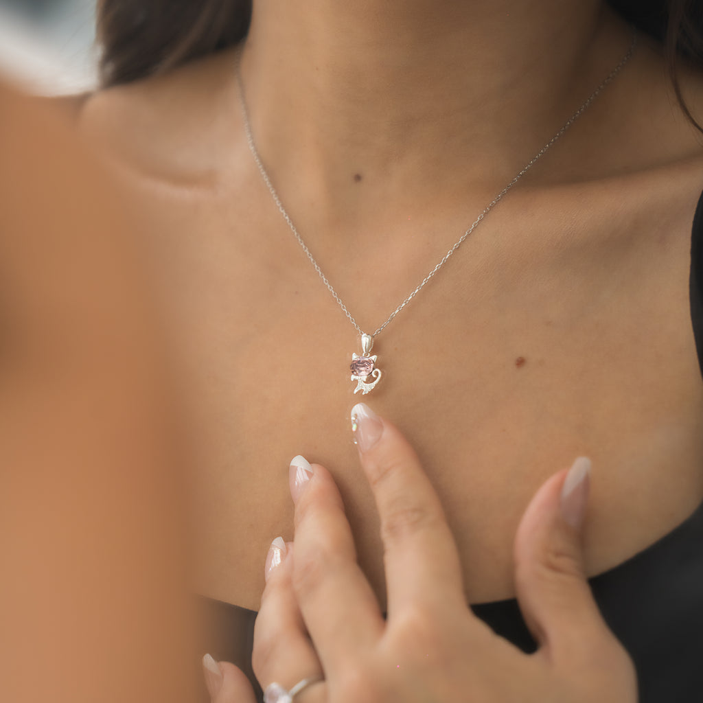 Rosy Kitty Silver Necklace
