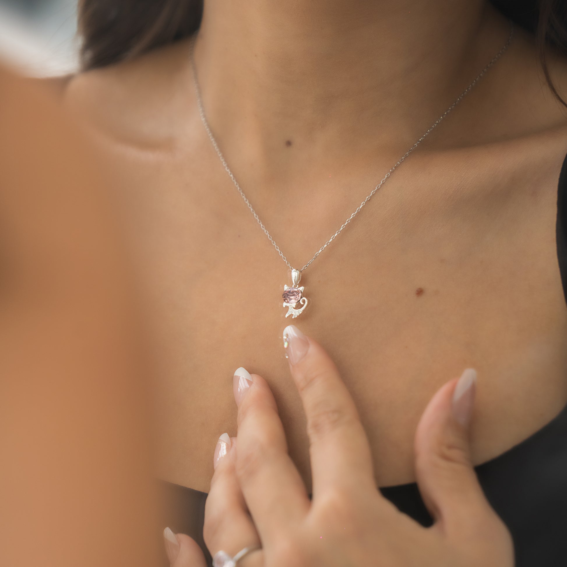 Rosy Kitty Silver Necklace