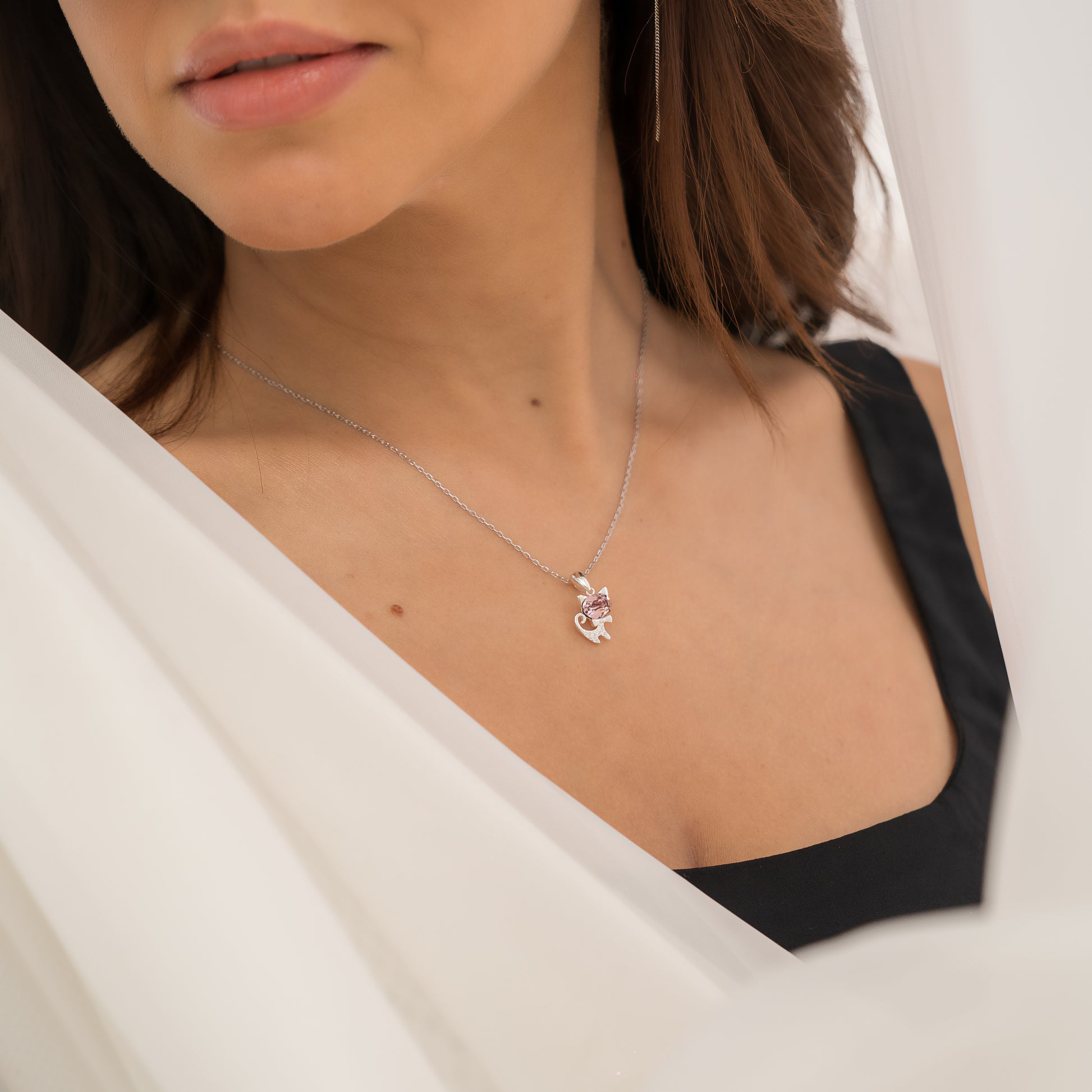 Rosy Kitty Silver Necklace