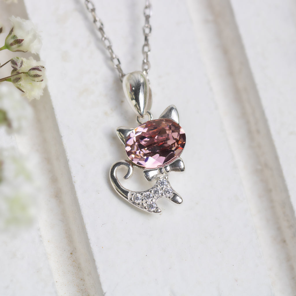 Rosy Kitty Silver Necklace