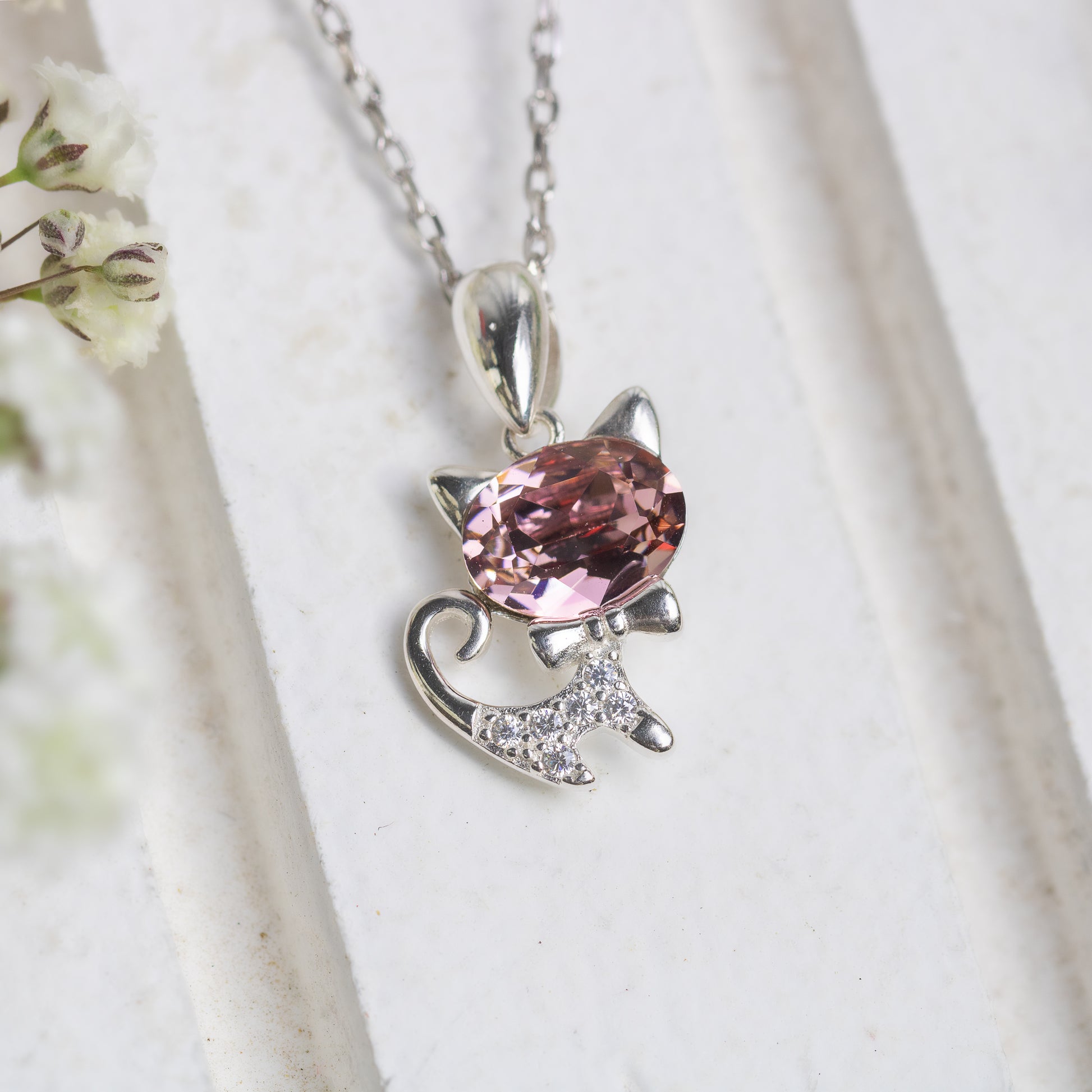Rosy Kitty Silver Necklace