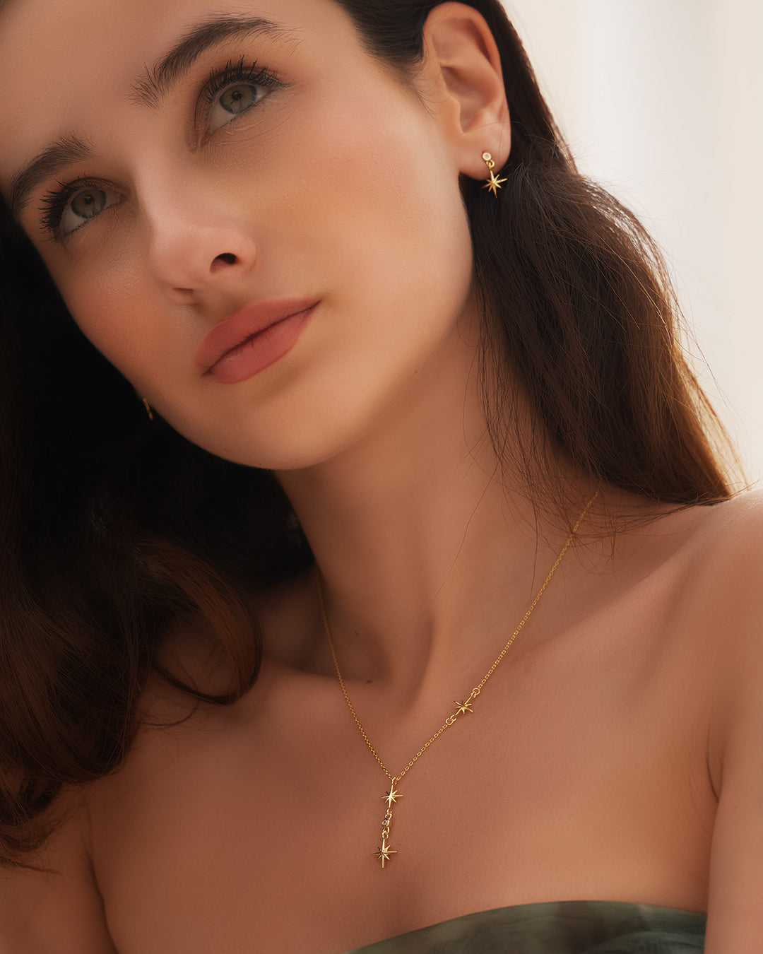 Golden Star Lariat Necklace And Earrings Set